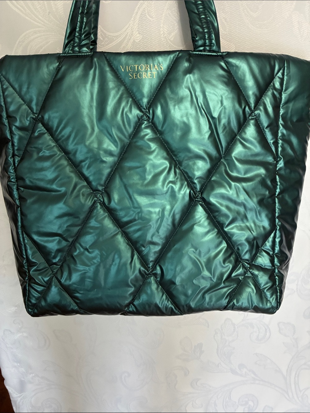 Victoria's Secret Teal Quilted Tote with Gold Logo